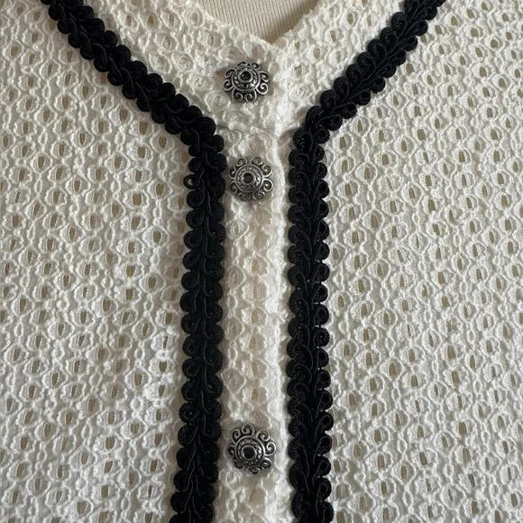 MAJE Rayane Ivory Black Piping Eyelet Lace Puffball Lined Dress Size 3 Large - Picture 4 of 14